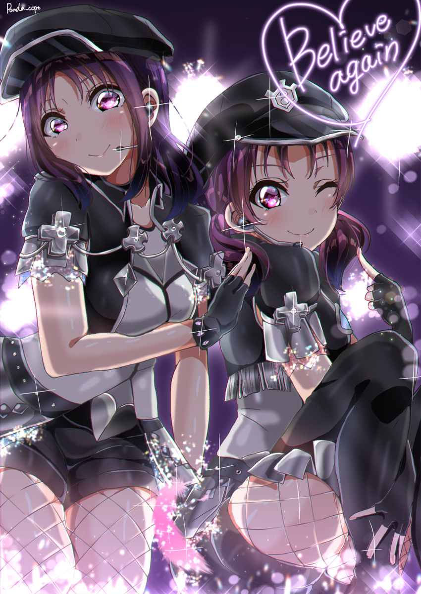 2girls alternate_hairstyle artist_name bangs black_legwear breasts commentary_request english_text fingerless_gloves fishnets gloves hair_down hat headset heart highres kazuno_leah kazuno_sarah long_hair looking_at_viewer love_live! love_live!_sunshine!! love_live!_sunshine!!_the_school_idol_movie_over_the_rainbow low_twintails medium_breasts multiple_girls one_eye_closed panda_copt purple_hair short_shorts short_sleeves shorts siblings sidelocks sisters smile spoilers twintails violet_eyes