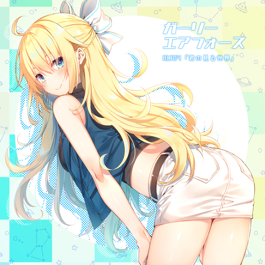 1girl ahoge armpit_crease bangs bare_arms bare_shoulders belt bent_over black_shirt blonde_hair blue_eyes blue_vest blush breasts checkered checkered_background closed_mouth commentary_request cowboy_shot crop_top drop_shadow eagle_(girly_air_force) floating_hair girly_air_force hair_between_eyes hair_ribbon half_updo hands_on_own_thighs highres long_hair looking_at_viewer looking_back medium_breasts midriff miniskirt pencil_skirt ribbon shirt sidelocks skirt sleeveless sleeveless_shirt smile solo standing thighs toosaka_asagi translation_request vest white_ribbon white_skirt wing_collar