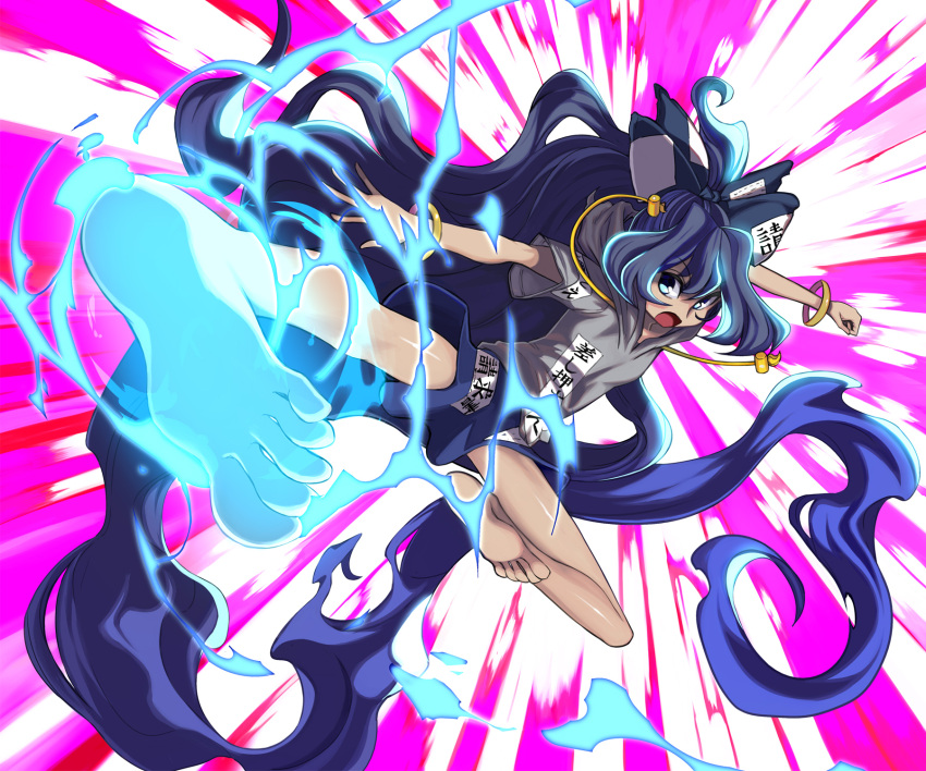 1girl absurdly_long_hair aura bangle bangs bare_legs barefoot blue_bow blue_eyes blue_hair blue_skirt bow bracelet breasts commentary_request debt eyebrows_visible_through_hair flying_kick foreshortening full_body grey_hoodie hair_between_eyes hair_bow highres hood hoodie jewelry kicking long_hair looking_at_viewer miniskirt open_mouth pink_background shope short_sleeves skirt small_breasts soles solo thighs touhou very_long_hair yorigami_shion