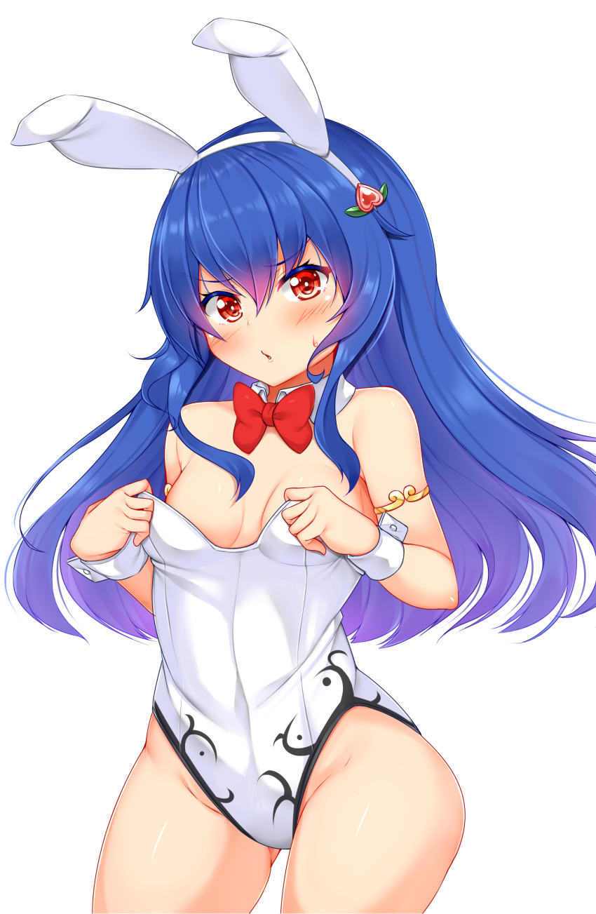 1girl alternate_costume animal_ears armlet bangs bare_arms bare_shoulders blue_hair blush bow bowtie breasts bunnysuit commentary_request covered_navel cowboy_shot detached_collar eyebrows_visible_through_hair fake_animal_ears food_themed_hair_ornament gluteal_fold gradient_hair groin hair_between_eyes hair_ornament hairband highres hinanawi_tenshi long_hair looking_at_viewer medium_breasts multicolored_hair no_hat no_headwear peach_hair_ornament purple_hair red_bow red_eyes red_neckwear simple_background solo standing thighs tokoya_(ex-hetare) touhou white_background white_hairband wrist_cuffs