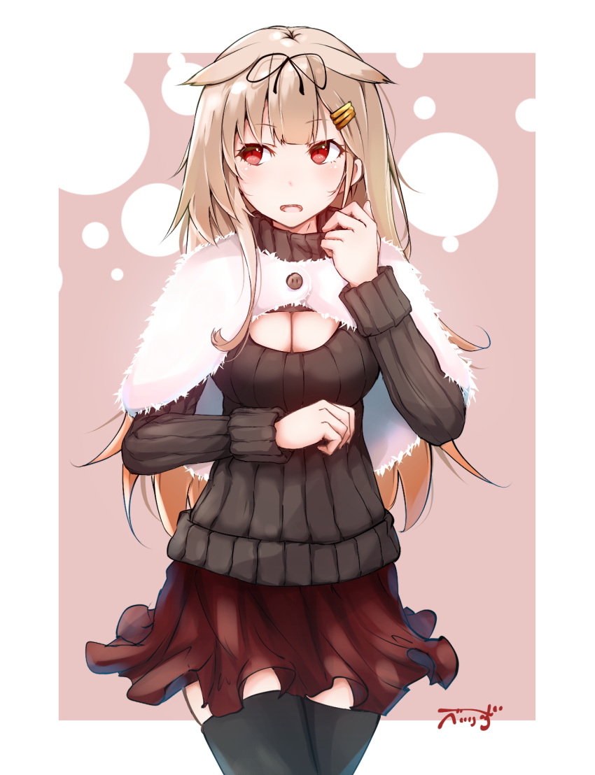 1girl alternate_costume baileys_(tranquillity650) black_legwear blonde_hair breasts brown_sweater cape capelet cleavage cleavage_cutout commentary_request eyebrows_visible_through_hair fur_cape hair_flaps hair_ornament hair_over_shoulder hair_ribbon hairclip highres kantai_collection long_hair long_sleeves looking_away medium_breasts open_mouth red_eyes red_skirt ribbon signature simple_background skirt solo sweater thigh-highs yuudachi_(kantai_collection)