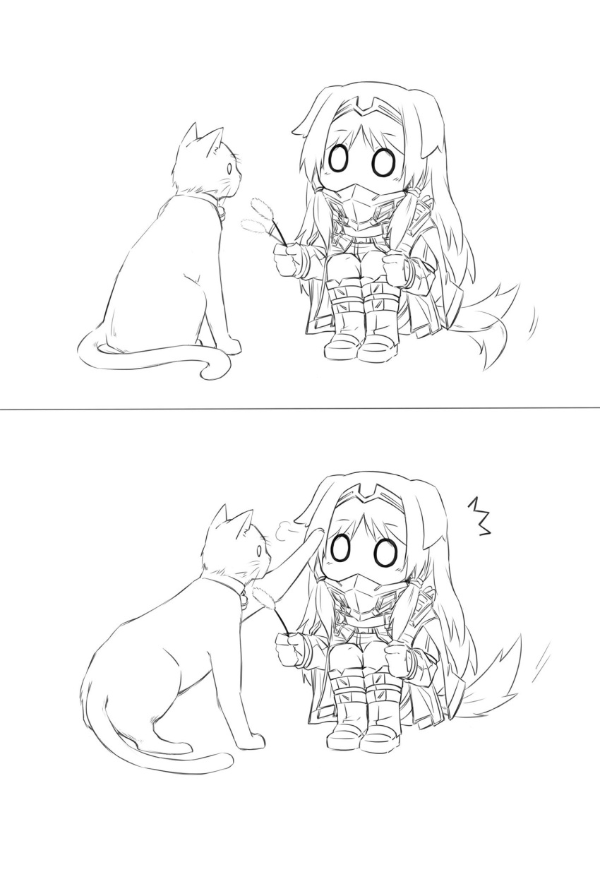 1girl 1other a an-94_(girls_frontline) animal_ears artist_request bell bell_collar boots cat collar dog_ears dog_tail gas_mask girls_frontline highres petting playing sitting surprised tactical_clothes tail tail_wagging