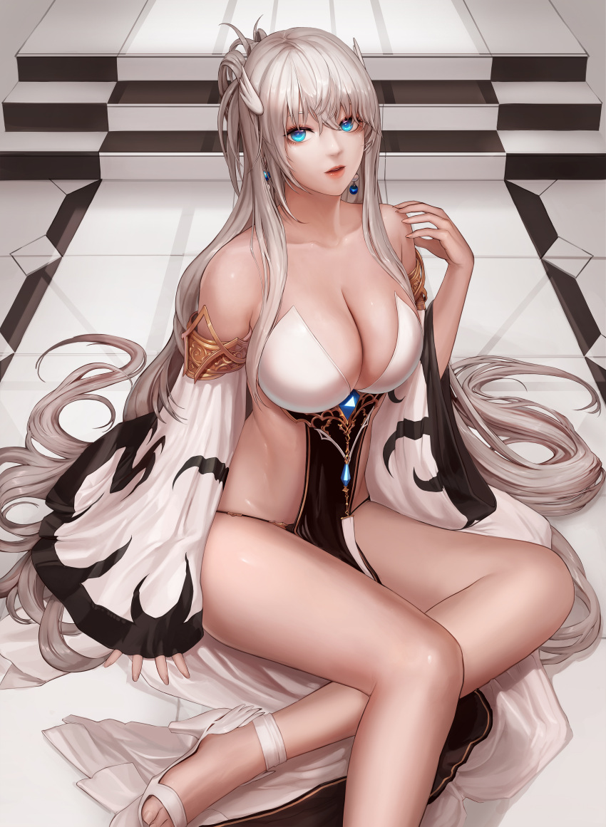 1girl absurdres bangs bare_legs bare_shoulders black_panties blue_eyes breasts cleavage collarbone commentary_request detached_sleeves dungeon_and_fighter earrings feet_out_of_frame female_gunner_(dungeon_and_fighter) hair_ornament hand_up high_heels highres jewelry korean_commentary large_breasts lips long_hair long_sleeves looking_at_viewer monaim panties parted_lips revealing_clothes shoes silver_hair sitting sleeves_past_wrists solo stairs stomach thighs underwear very_long_hair white_footwear wide_sleeves