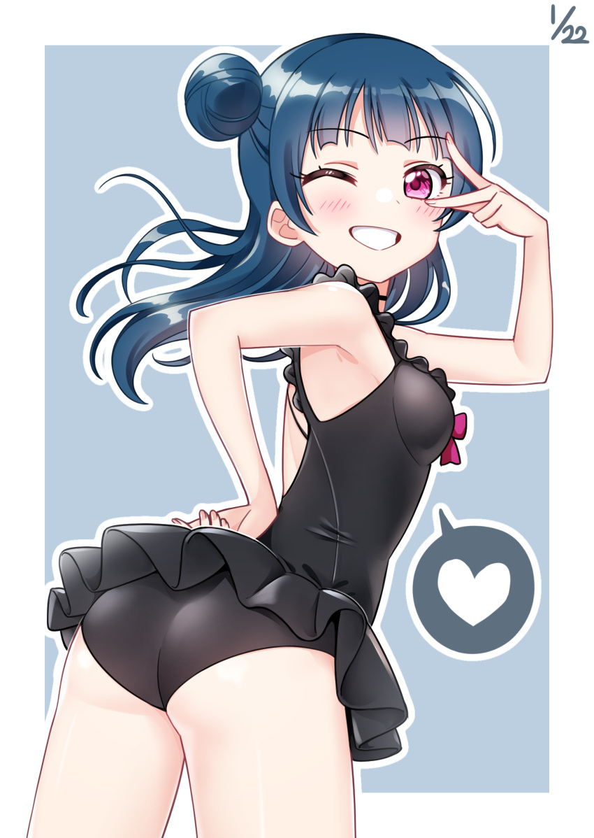 1girl ass bangs black_swimsuit blue_background blue_hair dated deadnooodles frilled_swimsuit frills grin hand_on_hip heart highres long_hair looking_at_viewer looking_back love_live! love_live!_sunshine!! one-piece_swimsuit one_eye_closed outline side_bun simple_background smile solo spoken_heart swimsuit tsushima_yoshiko violet_eyes w_over_eye white_outline