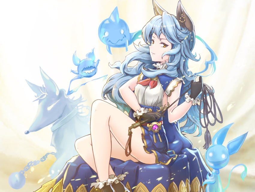 1girl animal_ears ayamix1020 ball_and_chain_restraint black_gloves blue_hair blue_skirt brown_eyes brown_footwear capelet cloak dog earrings ferry_(granblue_fantasy) ghost gloves granblue_fantasy highres holding_whip jewelry long_hair sitting skirt smile solo very_long_hair whip white_background
