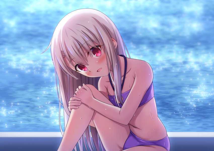 1girl bare_shoulders bikini blonde_hair blush commentary_request cute emiya-san_chi_no_kyou_no_gohan eyebrows_visible_through_hair eyes_visible_through_hair fate/hollow_ataraxia fate/kaleid_liner_prisma_illya fate/stay_night fate_(series) hair_between_eyes highres illyasviel_von_einzbern long_hair looking_at_viewer morokoshi_(tekku) open_mouth pink_eyes purple_bikini sitting solo swimsuit water wet