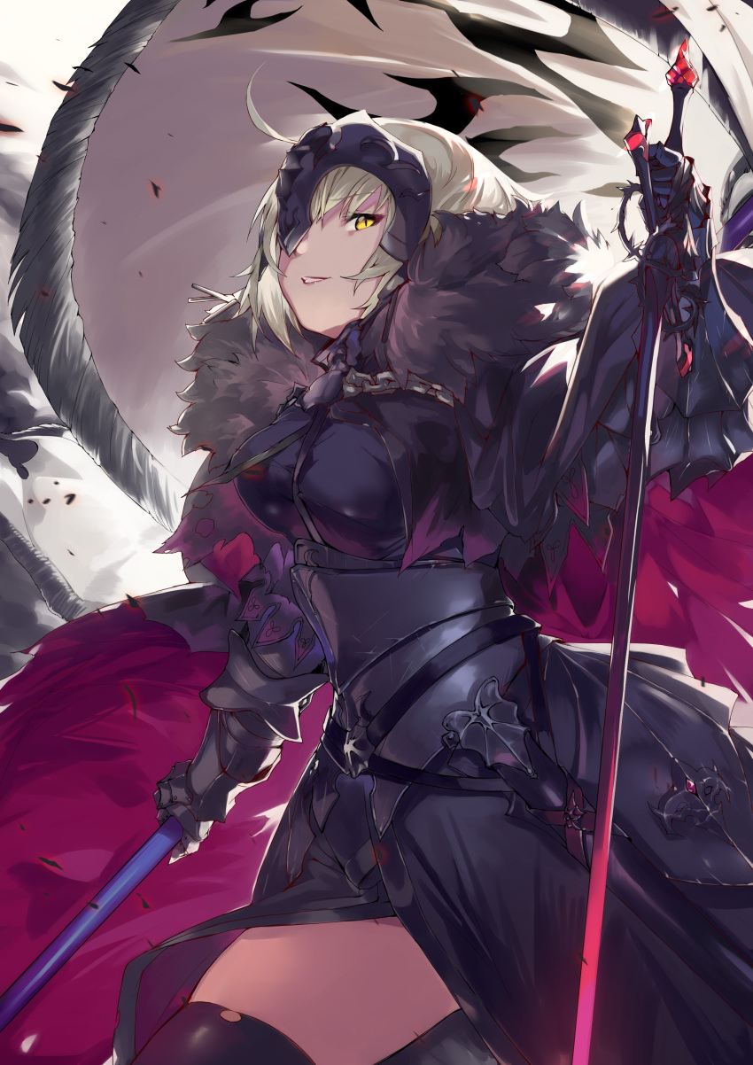 1girl absurdres ahoge armor armored_dress black_dress breasts chains dress fate/grand_order fate_(series) flag fur_trim gauntlets headpiece highres jeanne_d'arc_(alter)_(fate) jeanne_d'arc_(fate)_(all) medium_breasts ohland silver_hair sword thigh-highs weapon yellow_eyes zettai_ryouiki