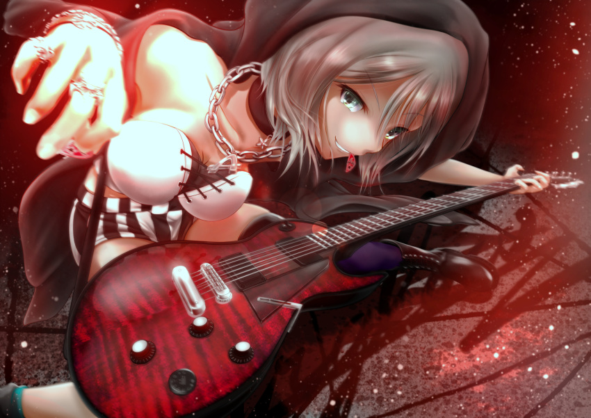 1girl aoba_moca aqua_eyes aqua_legwear bang_dream! bangs black_choker black_footwear black_jacket black_shorts chain_necklace choker collarbone commentary_request cross-laced_top electric_guitar eyebrows_visible_through_hair grey_hair grin guitar highres hood hood_up instrument jacket jewelry mouth_hold necklace open_clothes open_jacket plectrum purple_legwear ring ryo_the_speed6 short_hair shorts single_sock single_thighhigh smile socks solo spread_legs striped striped_shorts thigh-highs vertical-striped_shorts vertical_stripes white_shorts