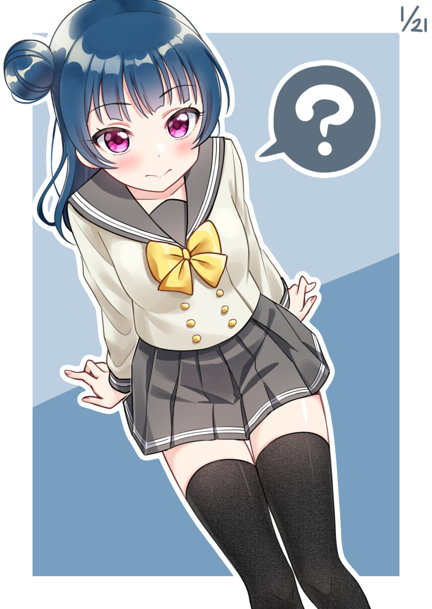 1girl ? bangs black_legwear blue_background blue_hair blush bow bowtie dated deadnooodles double-breasted grey_skirt highres long_sleeves looking_at_viewer love_live! love_live!_sunshine!! miniskirt outline pleated_skirt school_uniform serafuku side_bun simple_background sitting skirt solo spoken_question_mark thigh-highs tsushima_yoshiko uranohoshi_school_uniform violet_eyes white_outline yellow_neckwear