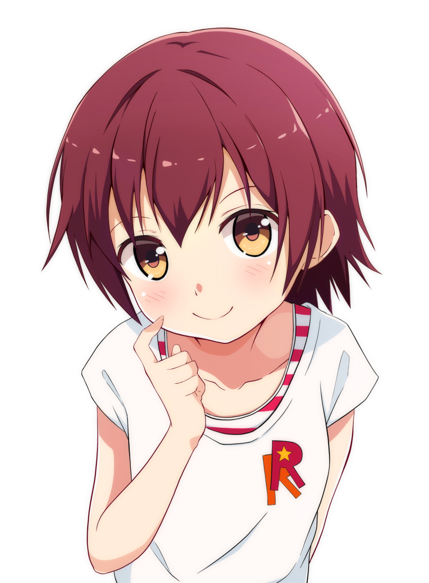 1girl absurdres akagi_miria bangs bare_arms blush closed_mouth collarbone commentary_request hand_up head_tilt highres idolmaster idolmaster_cinderella_girls index_finger_raised kimura_matsuri looking_at_viewer redhead scratching_cheek shirt short_hair short_sleeves sidelocks simple_background smile solo star upper_body white_background white_shirt yellow_eyes