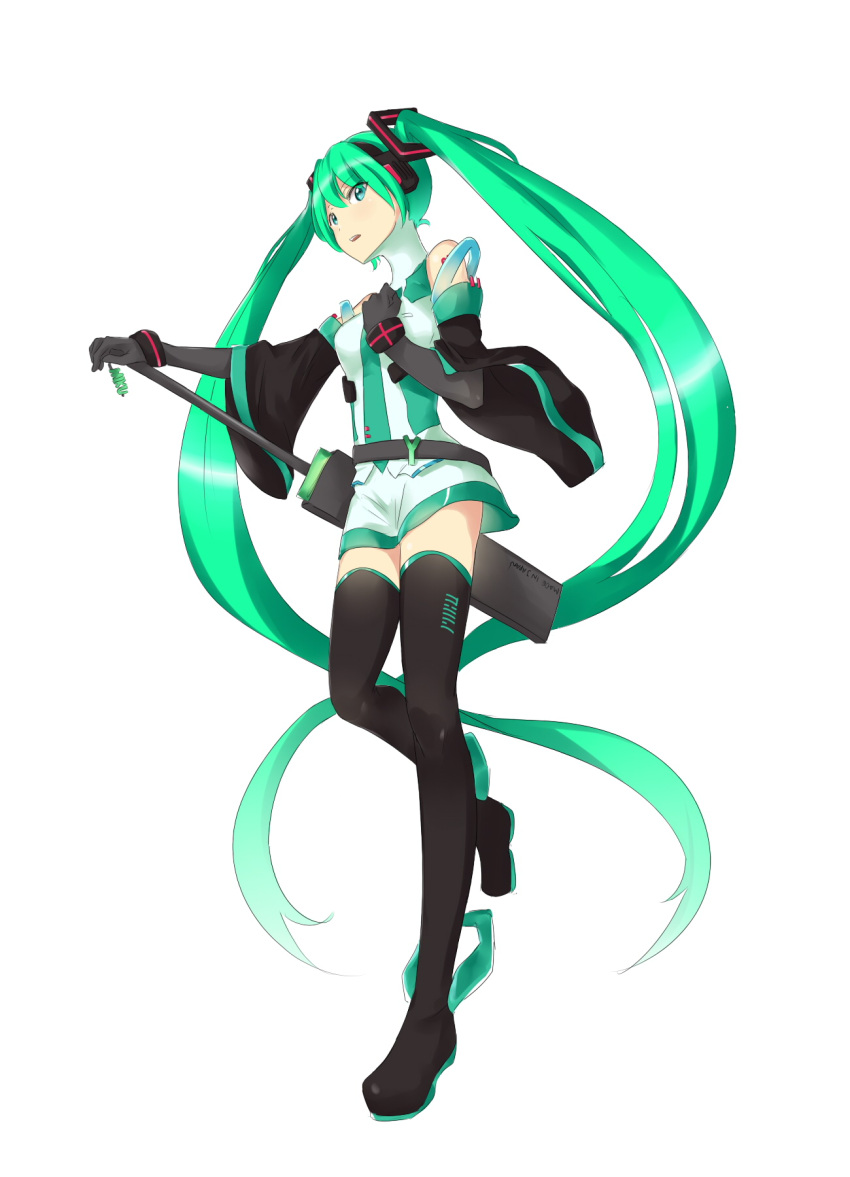 1girl absurdly_long_hair black_footwear black_gloves black_sleeves blue_eyes boots detached_sleeves elbow_gloves floating_hair full_body gloves green_hair hair_between_eyes hand_on_hilt hatsune_miku highres leg_up long_hair long_sleeves open_mouth saruno_(eyesonly712) shiny shiny_hair shirt short_shorts shorts sleeveless sleeveless_shirt solo standing standing_on_one_leg thigh-highs thigh_boots twintails very_long_hair vocaloid white_shorts wide_sleeves zettai_ryouiki