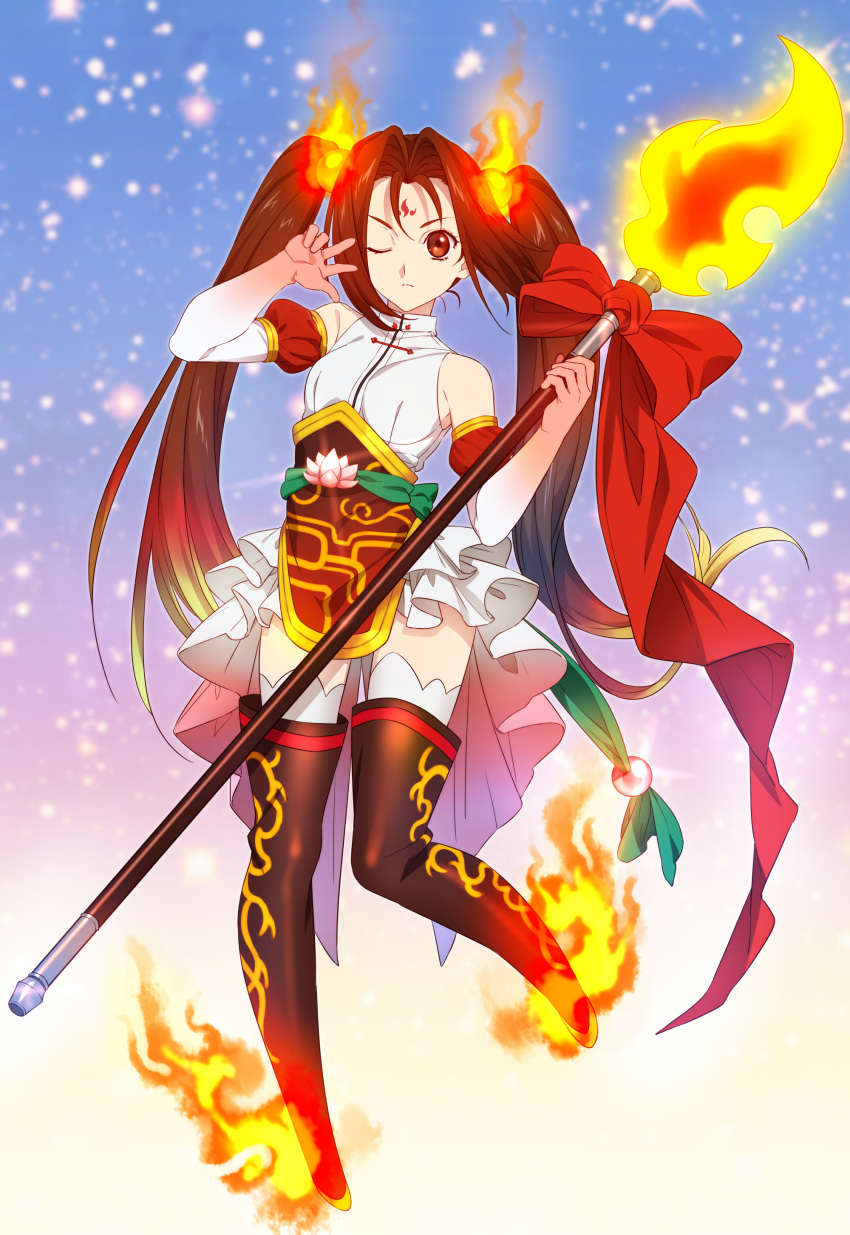 1girl absurdres alternate_costume boots bow breasts brown_eyes brown_hair elbow_gloves facial_mark fate/grand_order fate_(series) fire flaming_weapon flower forehead_mark gloves highres holding holding_weapon lotus magical_girl nagiko_(mangalove1111) nezha_(fate/grand_order) one_eye_closed polearm small_breasts spear thigh-highs thigh_boots twintails weapon