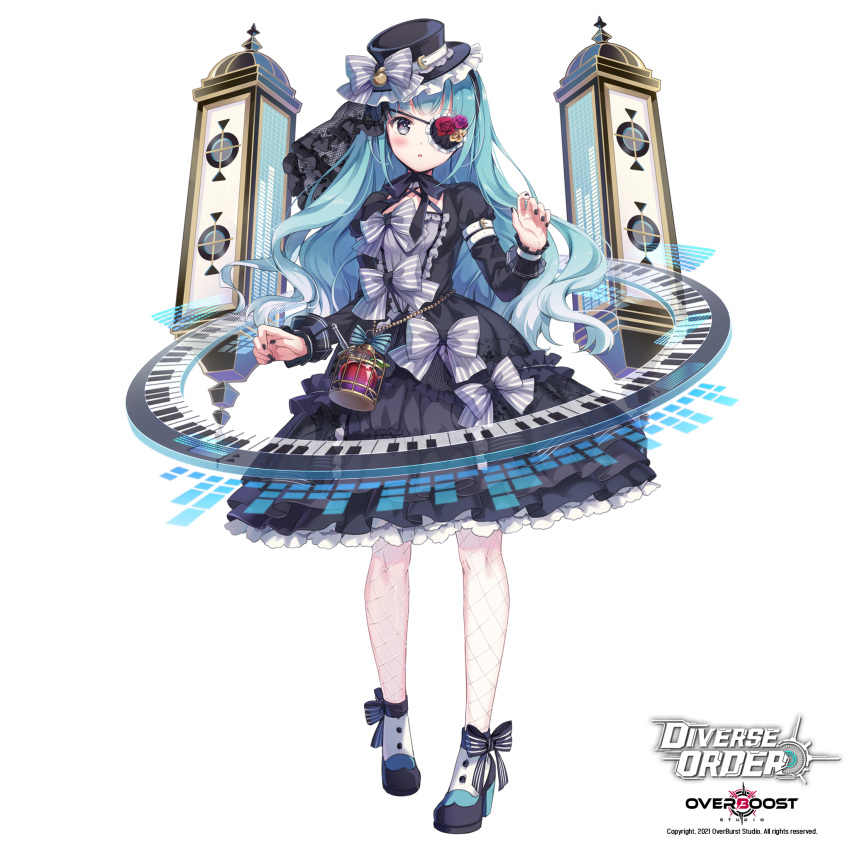 1girl apple black_dress black_headwear black_ribbon blush bow company_name copyright_name diverse_order dress eyepatch food fruit full_body hat hat_bow highres long_sleeves looking_at_viewer nyanya piano_keys ribbon simple_background solo standing watermark white_background white_bow