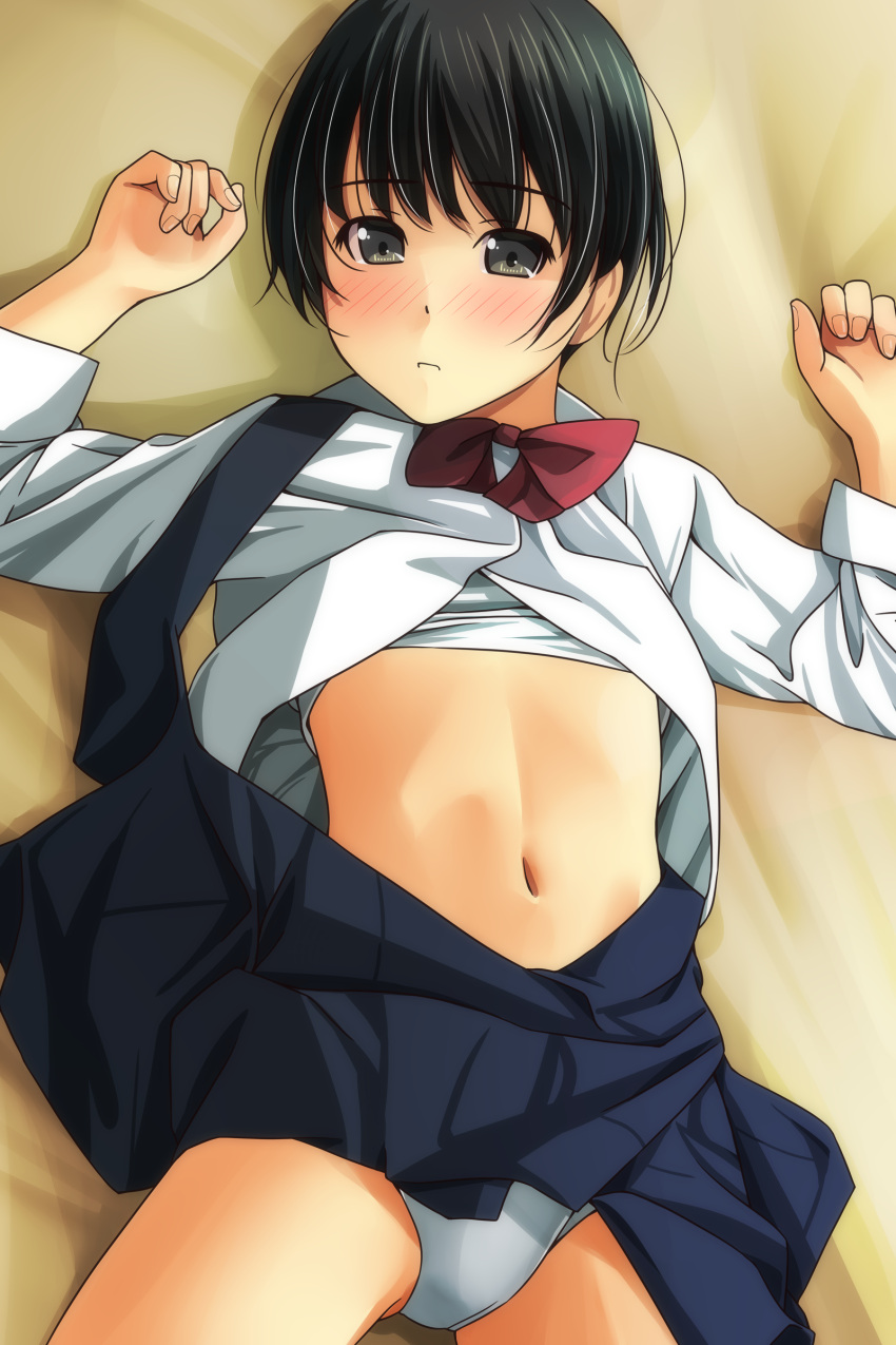 1girl absurdres bangs black_hair blue_skirt blush bow bowtie brown_eyes collared_shirt eyebrows_visible_through_hair fingernails highres long_sleeves lying matsunaga_kouyou navel nose_blush on_back original panties parted_lips pleated_skirt red_neckwear shirt shirt_lift short_hair skirt skirt_lift solo stomach suspender_skirt suspenders underwear white_panties white_shirt