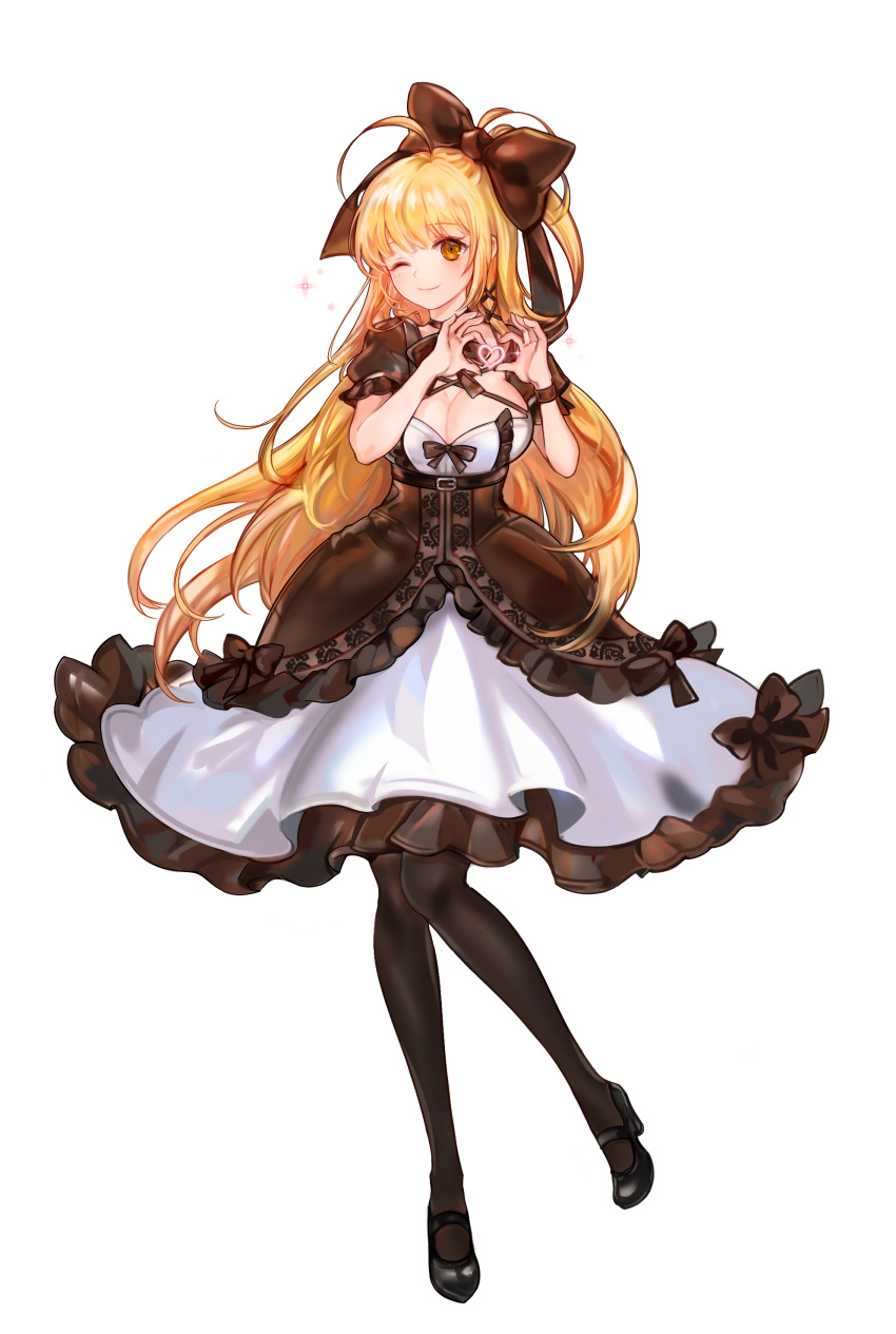 1girl 96dgd absurdres ahoge black_bow black_footwear black_legwear blonde_hair bow breasts brown_eyes cleavage corset dress eyebrows_visible_through_hair floating_hair frilled_dress frills full_body hair_bow heart heart_hands highres large_breasts lolita_fashion long_hair looking_at_viewer mabinogi mary_janes pantyhose shoes short_sleeves simple_background solo standing very_long_hair white_background
