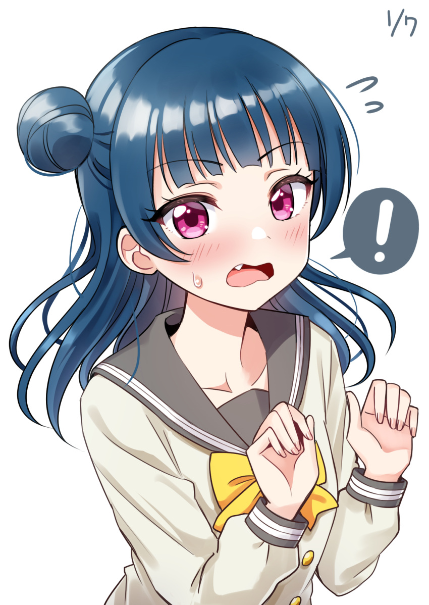 ! 1girl bangs blue_hair blush bow bowtie clenched_hands dated deadnooodles fang hands_up highres long_hair long_sleeves looking_at_viewer love_live! love_live!_sunshine!! open_mouth school_uniform serafuku side_bun simple_background solo spoken_exclamation_mark sweatdrop tsushima_yoshiko upper_body uranohoshi_school_uniform violet_eyes yellow_neckwear