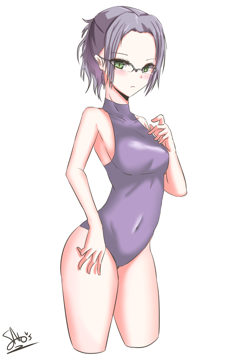 1girl absurdres bare_shoulders blush breasts character_request collarbone covered_navel cropped_legs darling_in_the_franxx green_eyes highres ichikawayan medium_breasts over-rim_eyewear purple_hair semi-rimless_eyewear sideboob solo swimsuit thighs white_background