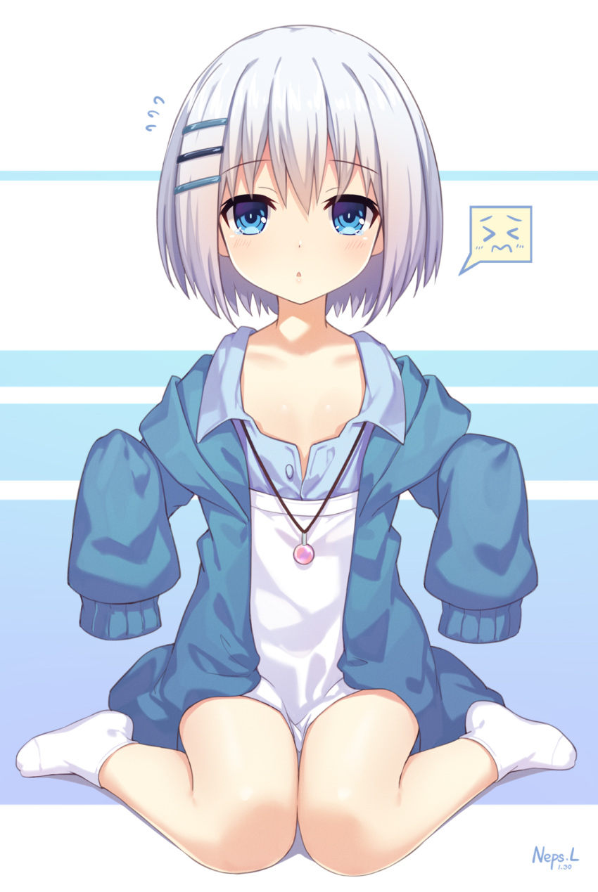 &gt;_&lt; 1girl :o age_regression bangs blue_background blue_eyes blue_jacket blue_shirt blush closed_eyes closed_mouth collarbone collared_shirt commentary_request date_a_live dated dress_shirt eyebrows_visible_through_hair flying_sweatdrops full_body hair_between_eyes hair_ornament hairclip highres jacket long_sleeves neps-l no_shoes open_clothes open_jacket parted_lips shirt short_hair signature silver_hair sitting sleeves_past_fingers sleeves_past_wrists socks solo spoken_expression tobiichi_origami two-tone_background wariza wavy_mouth white_background white_legwear younger