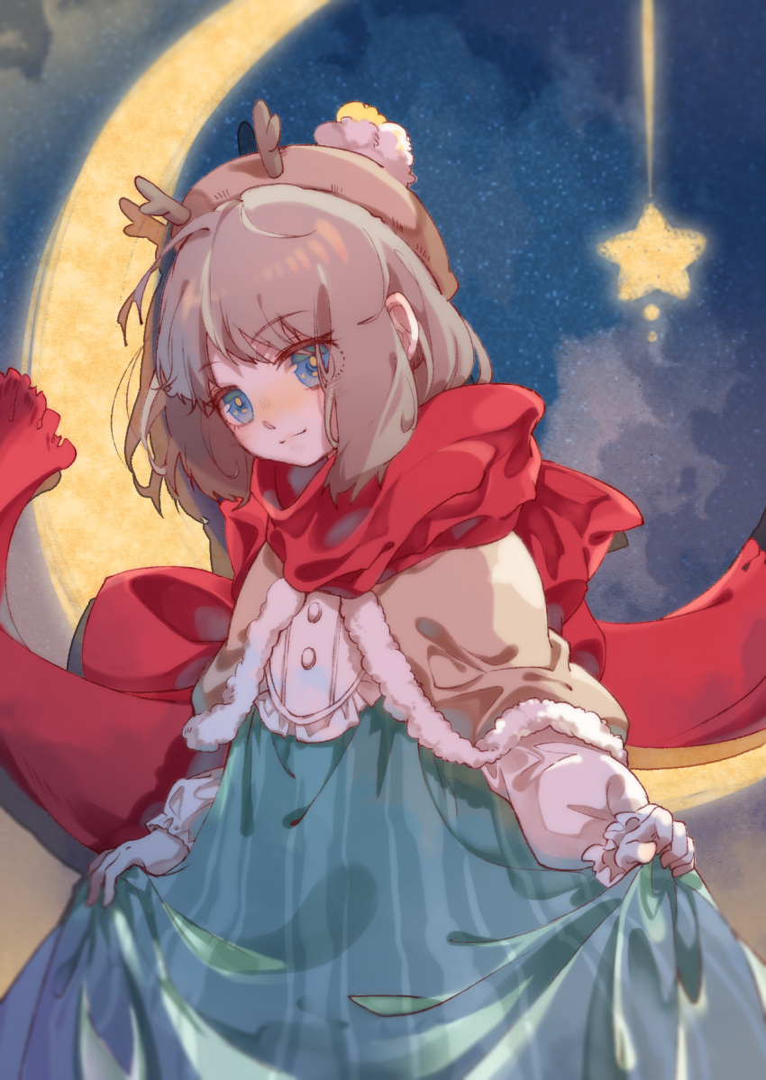 1girl antlers bangs blue_eyes brown_hair closed_mouth crescent_moon dress duo-zi hair_ornament hat highres kano_(singer) long_sleeves moon night night_sky nightgown scarf short_hair sky smile solo star