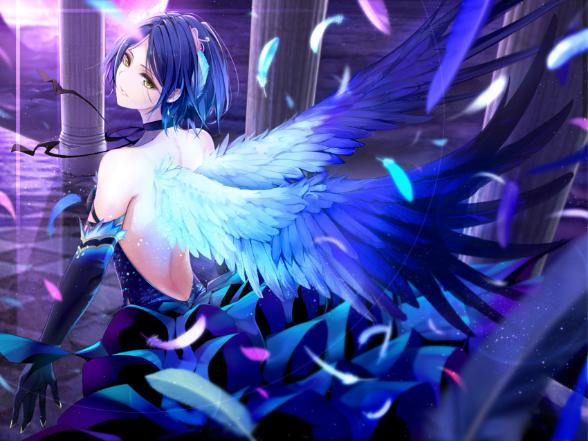 1girl above_clouds back backless_dress backless_outfit bangs bare_shoulders black_choker black_gloves blue_dress blue_hair blurry breasts checkered checkered_floor choker commentary_request depth_of_field dress elbow_gloves fantasy feathered_wings feathers frilled_dress frills from_behind full_moon giba_(out-low) gloves hair_ornament hayami_kanade highres idolmaster idolmaster_cinderella_girls idolmaster_cinderella_girls_starlight_stage light_particles long_dress looking_at_viewer looking_back medium_breasts moon night parted_bangs pillar reflection short_hair sidelocks solo standing wings yellow_eyes