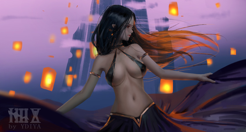 1girl armlet artist_name bare_shoulders black_hair black_skirt breasts breasts_apart building collarbone commentary_request copyright_request cowboy_shot floating_hair gradient gradient_background halterneck highres lantern large_breasts long_hair long_skirt looking_away looking_to_the_side navel paper_lantern parted_lips pointy_ears profile purple_background red_eyes redhead skirt skirt_hold solo stomach ydiya