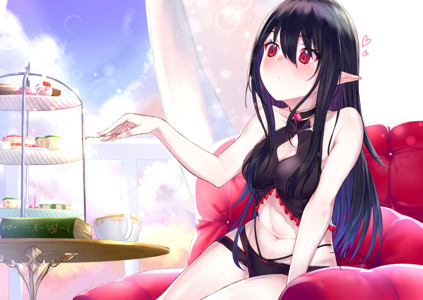 1girl absurdres bare_shoulders black_hair black_panties blush breasts cake cleavage cleavage_cutout cup curtains ear_blush food hair_between_eyes halterneck heart highres long_hair midriff multi-strapped_panties navel original panties pointy_ears red_eyes sidelocks sitting solo takubon_(xewh4773) teacup underwear