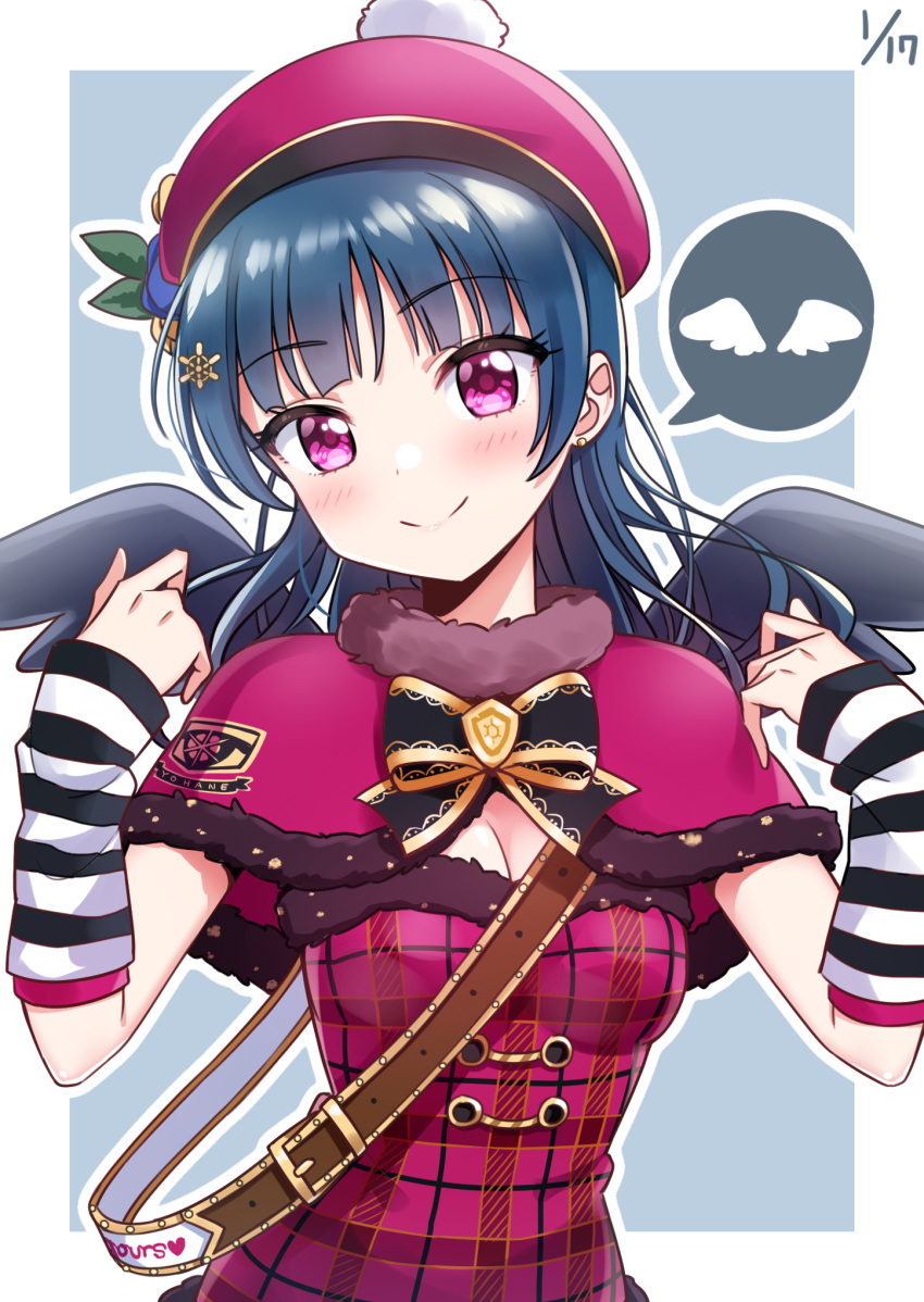 1girl arm_warmers bangs beret black_neckwear black_wings blue_background blue_hair blush border bow bowtie breasts capelet cleavage dated deadnooodles earrings emblem fur-trimmed_capelet fur-trimmed_shirt fur_trim hair_ornament hands_up hat hat_leaf highres jewelry long_hair looking_at_viewer love_live! love_live!_sunshine!! plaid plaid_shirt pom_pom_(clothes) red_capelet red_hat red_shirt shirt shoulder_belt simple_background smile snowflake_hair_ornament solo spoken_object striped tsushima_yoshiko upper_body violet_eyes white_border wings