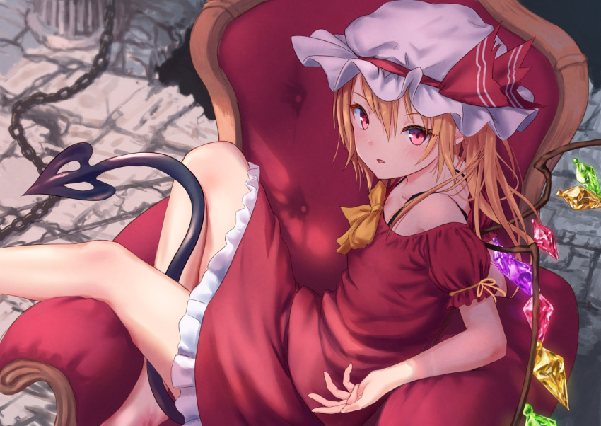 1girl adapted_costume arm_ribbon bangs bare_shoulders barefoot blonde_hair blush bow bra_strap chains commentary_request couch crystal dress eyebrows_visible_through_hair feet_out_of_frame flandre_scarlet hair_between_eyes hat hat_ribbon indoors knee_up laevatein_(tail) long_hair looking_at_viewer mob_cap off-shoulder_dress off_shoulder one_side_up parted_lips petticoat puffy_short_sleeves puffy_sleeves red_dress red_eyes red_ribbon ribbon roke_(taikodon) short_dress short_sleeves sitting solo tail thighs touhou white_hat wings yellow_bow yellow_ribbon