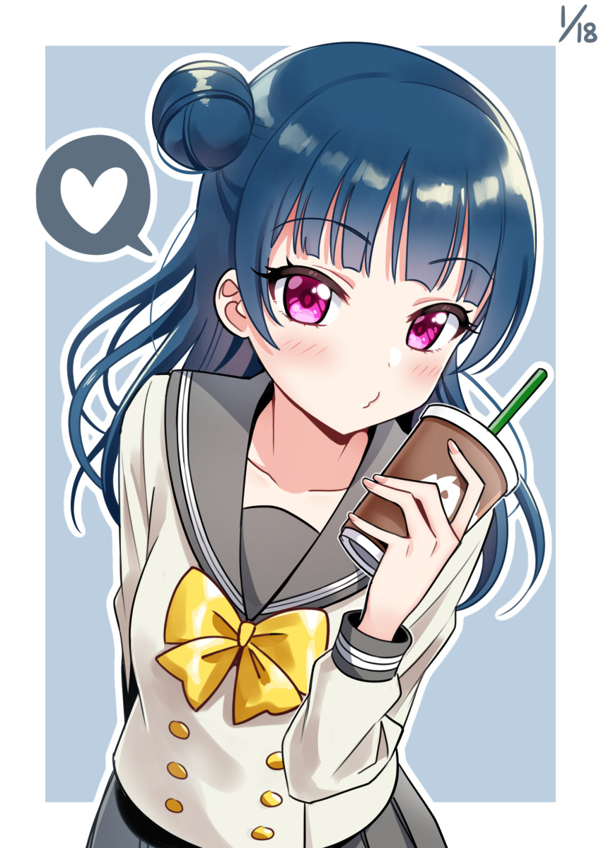 1girl bangs blue_background blue_hair blush bow bowtie collarbone cup dated deadnooodles double-breasted drinking_straw heart highres holding holding_cup long_hair long_sleeves looking_at_viewer love_live! love_live!_sunshine!! o3o outline school_uniform serafuku side_bun simple_background solo spoken_heart tsushima_yoshiko upper_body uranohoshi_school_uniform violet_eyes white_outline yellow_neckwear