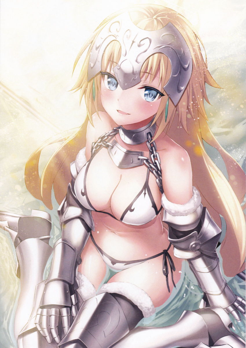 1girl absurdres adapted_costume armor armored_boots bangs bare_shoulders bikini bikini_armor black_legwear blonde_hair blue_eyes blurry blush boots breasts cleavage eyebrows_visible_through_hair eyelashes fate/apocrypha fate/grand_order fate_(series) from_above fur_trim gauntlets gorget headpiece heirou highres jeanne_d'arc_(fate) jeanne_d'arc_(fate)_(all) light_particles light_rays long_hair looking_at_viewer medium_breasts navel parted_lips scan side-tie_bikini sitting smile solo stomach strap_gap string_bikini sunbeam sunlight swimsuit very_long_hair wariza white_bikini