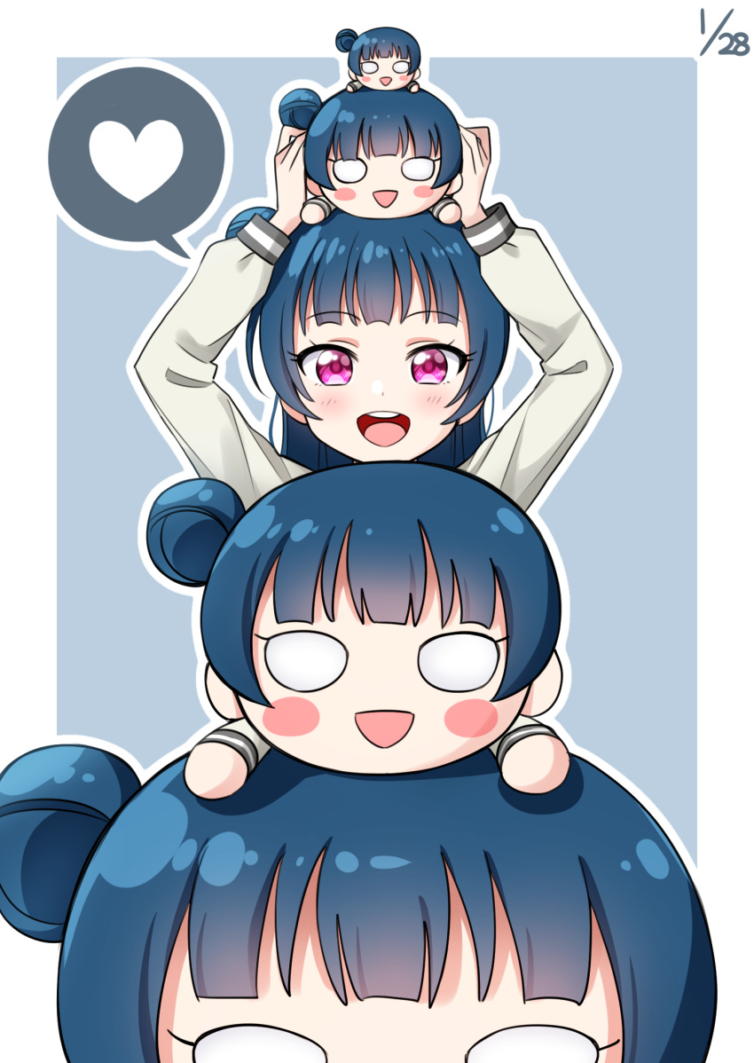 1girl :d arms_up bangs blue_background blue_hair blush character_doll dated deadnooodles doll_on_head heart highres long_sleeves looking_at_viewer love_live! love_live!_sunshine!! nesoberi o_o object_on_head open_mouth outline school_uniform side_bun simple_background smile solo spoken_heart tsushima_yoshiko uranohoshi_school_uniform violet_eyes white_outline