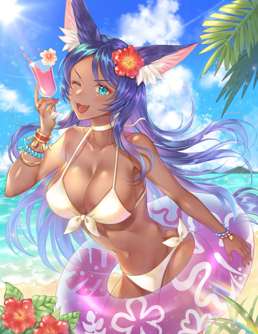 &gt;:) 1girl :3 animal_ears aqua_eyes arm_up armlet bangle bangs beach bikini blue_sky blush bracelet breasts clouds collarbone cowboy_shot cup dark_skin drink drinking_glass eyebrows_visible_through_hair fang fate/grand_order fate_(series) floating_hair flower front-tie_bikini front-tie_top grass hair_flower hair_ornament hibiscus highres holding holding_cup holding_innertube innertube jewelry large_breasts lavender_hair leaf light_particles long_hair looking_at_viewer makeup multicolored_hair nail_polish navel neck_ring one_eye_closed open_mouth outdoors palm_tree pink_nails purple_hair queen_of_sheba_(fate/grand_order) rainbow red_flower shiny shiny_hair shiny_skin side-tie_bikini sidelocks sky smile solo stomach sun sunlight swept_bangs swimsuit tree two-tone_hair ubi_(ekdus6080) water water_drop white_bikini