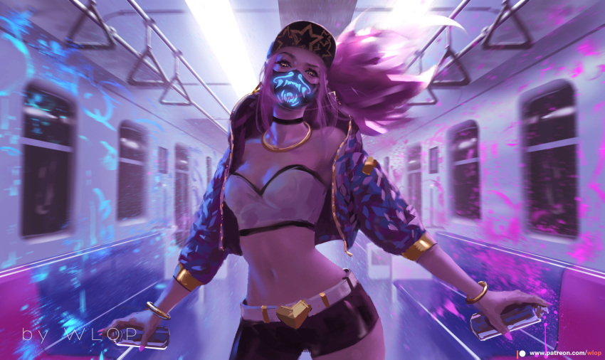 1girl akali artist_name asymmetrical_clothes bangle baseball_cap belt black_choker black_hat black_pants blue_jacket blurry bracelet breasts choker cleavage contrapposto cowboy_shot depth_of_field earrings face_mask graffiti hat head_tilt heart highres holding jacket jewelry k/da_(league_of_legends) k/da_akali league_of_legends long_hair long_sleeves looking_at_viewer mask medium_breasts nail_polish navel neon_trim open_clothes open_jacket pants pink_nails print_hat purple_hair seat single_pantsleg solo spray_can star star_print stomach strapless train_interior tubetop two-handed unzipped watermark web_address wlop yellow_eyes