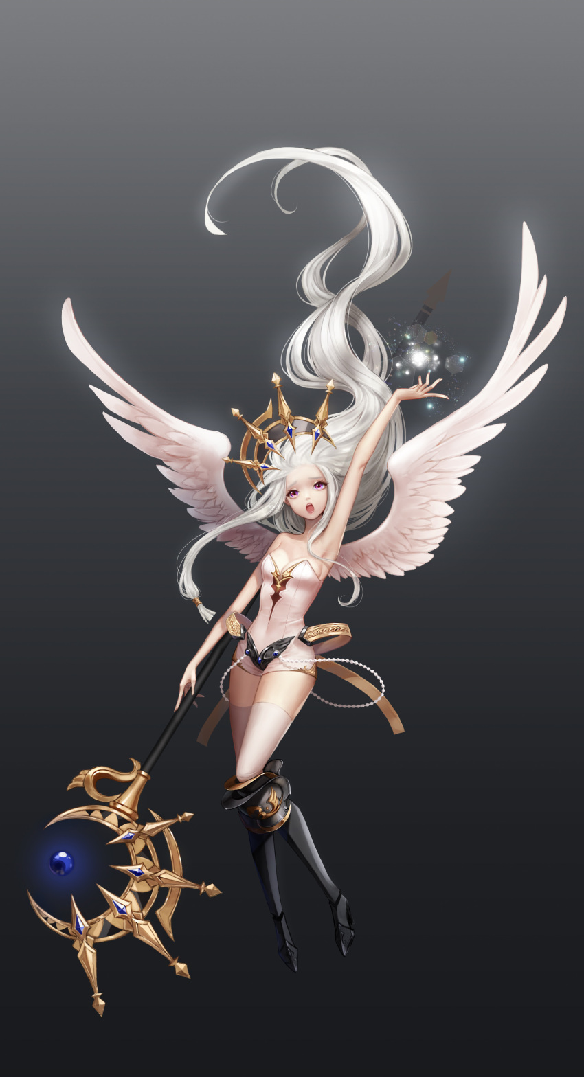 1girl absurdres angel_wings ankkoyom arm_up armpits bare_shoulders black_footwear boots breasts cleavage dress full_body gem hair_ornament highres knee_boots light long_hair magic open_mouth original pink_eyes short_dress silver_hair solo staff strapless strapless_dress thigh-highs very_long_hair weapon white_dress white_legwear wings