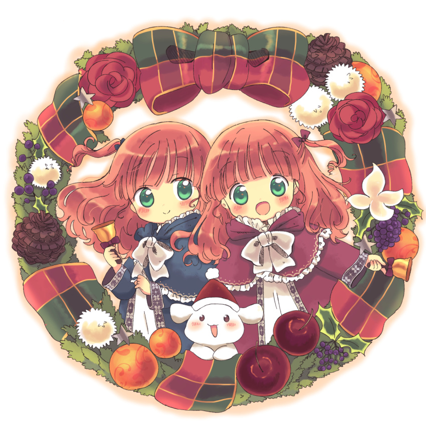 2girls :d animal bangs blush bow capelet christmas christmas_ornaments closed_mouth clothed_animal dot_nose fur- green_eyes highres holding long_sleeves looking_at_viewer multiple_girls open_mouth orange_hair original short_hair smile suzuri_(suzurityan) tareme very_short_hair