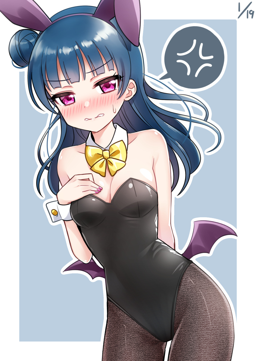 1girl anger_vein animal_ears arm_behind_back bangs biting black_legwear black_leotard blue_background blue_hair blush bow bowtie breasts bunnysuit cleavage cowboy_shot dated deadnooodles detached_collar fake_animal_ears hand_on_own_chest highres leotard lip_biting long_hair love_live! love_live!_sunshine!! medium_breasts nail_polish nose_blush outline pantyhose purple_nails rabbit_ears side_bun simple_background solo spoken_anger_vein strapless strapless_leotard sweatdrop tsushima_yoshiko v-shaped_eyebrows violet_eyes white_outline wings wrist_cuffs yellow_neckwear