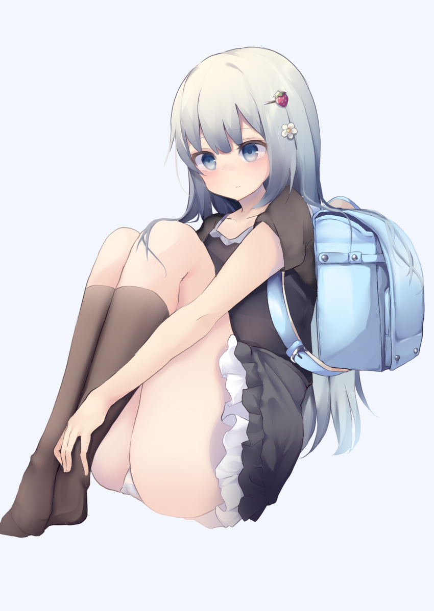 1girl ass backpack bad_id bad_pixiv_id bag bangs black_skirt blue_eyes blush brown_legwear brown_shirt closed_mouth eyebrows_visible_through_hair flower frilled_skirt frills full_body grey_background grey_hair hair_between_eyes hair_flower hair_ornament hairclip highres kneehighs long_hair no_shoes original panties randoseru shirt short_sleeves simple_background sitting skirt solo striped striped_panties tsuruse underwear white_flower