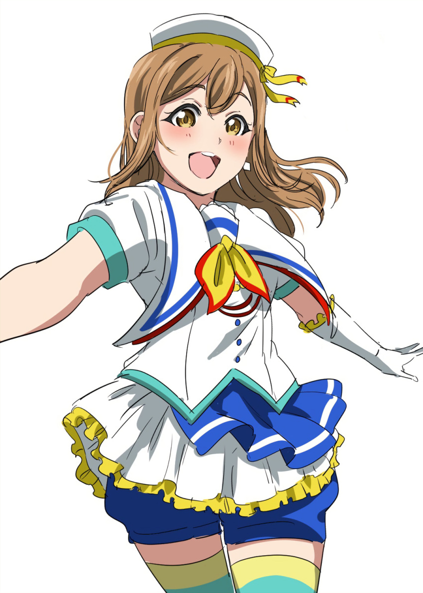 1girl :d aozora_jumping_heart bangs blue_shorts blush brown_eyes brown_hair cowboy_shot elbow_gloves gloves hat hat_ribbon highres kunikida_hanamaru looking_at_viewer love_live! love_live!_sunshine!! neckerchief open_mouth outstretched_arms ribbon short_sleeves shorts shorts_under_skirt simple_background smile solo spread_arms striped striped_legwear thigh-highs vorupi white_background white_gloves white_hat yellow_neckwear yellow_ribbon