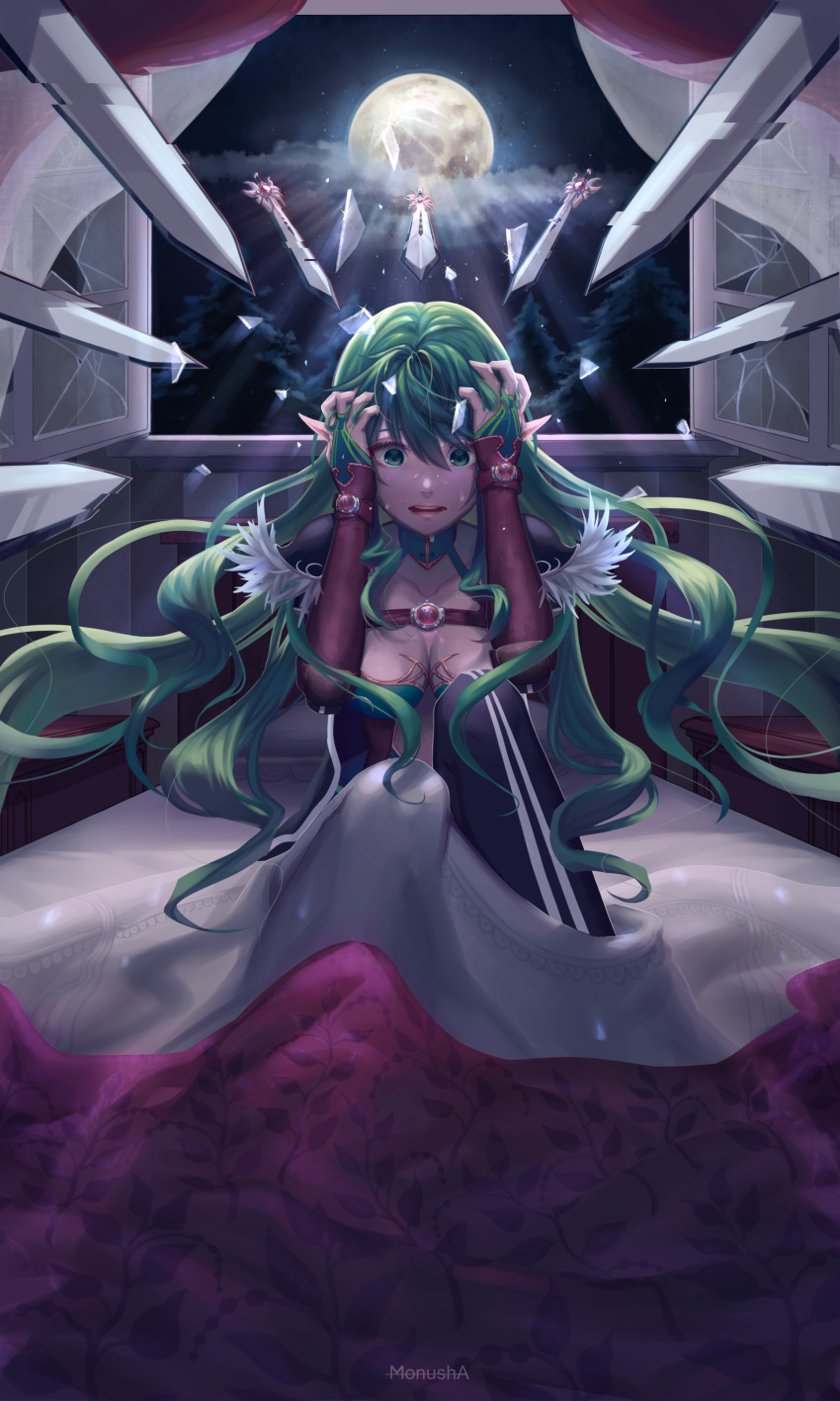 absurdres artist_name bed bed_sheet breasts broken_glass clouds commentary elf elsword english_commentary full_moon glass glass_shards green_eyes green_hair hands_on_own_head highres looking_at_viewer medium_breasts monusha moon night on_bed open_window parted_lips pointy_ears rena_(elsword) sitting sky sparkle sweat sword weapon window