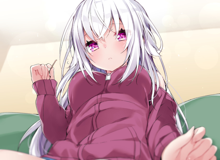 1girl bangs bare_shoulders blurry blush breasts closed_mouth commentary_request depth_of_field hand_up head_tilt holding indoors jacket kamioka_shun'ya long_hair long_sleeves looking_at_viewer medium_breasts mimikaki off_shoulder original purple_jacket sidelocks sitting sleeves_past_wrists solo thighs violet_eyes white_hair zipper_pull_tab