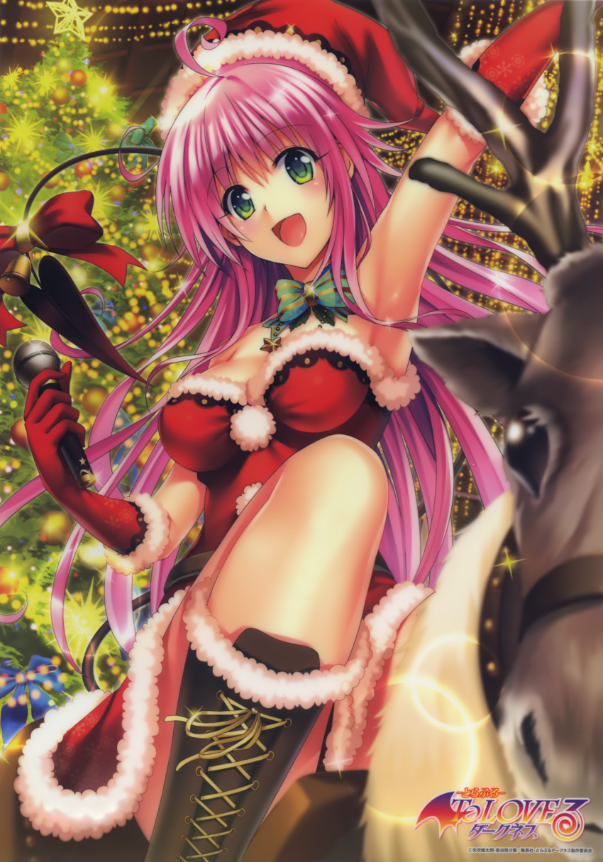 1girl :d absurdres ahoge arm_up armpits boots bow breasts brown_footwear christmas_tree cleavage copyright_name demon_tail dress elbow_gloves eyebrows_visible_through_hair floating_hair fur-trimmed_boots fur-trimmed_dress fur-trimmed_gloves fur-trimmed_hat fur_trim gloves green_eyes hat head_tilt highres holding holding_microphone lala_satalin_deviluke lens_flare long_hair looking_at_viewer medium_breasts microphone open_mouth pink_hair red_dress red_gloves red_hat riding santa_costume santa_gloves santa_hat shiny shiny_hair short_dress sleeveless sleeveless_dress smile solo strapless strapless_dress striped striped_neckwear tail tail_bow to_love-ru very_long_hair yabuki_kentarou