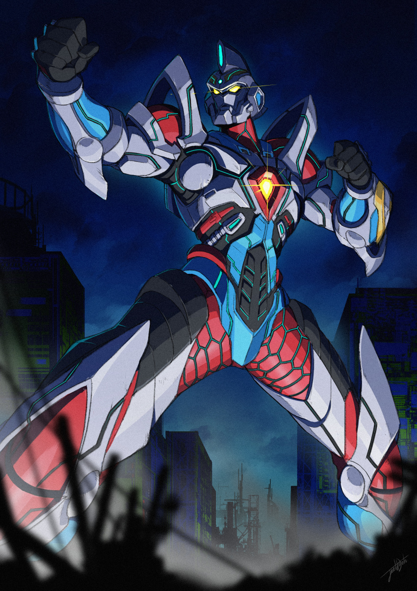 1boy absurdres acceptor armor city clenched_hands commentary english_commentary fighting_stance giant glowing glowing_eyes gridman_(ssss) highres huge_filesize jeetdoh male_focus mecha no_humans no_pupils pose robot shoulder_armor solo ssss.gridman tokusatsu yellow_eyes