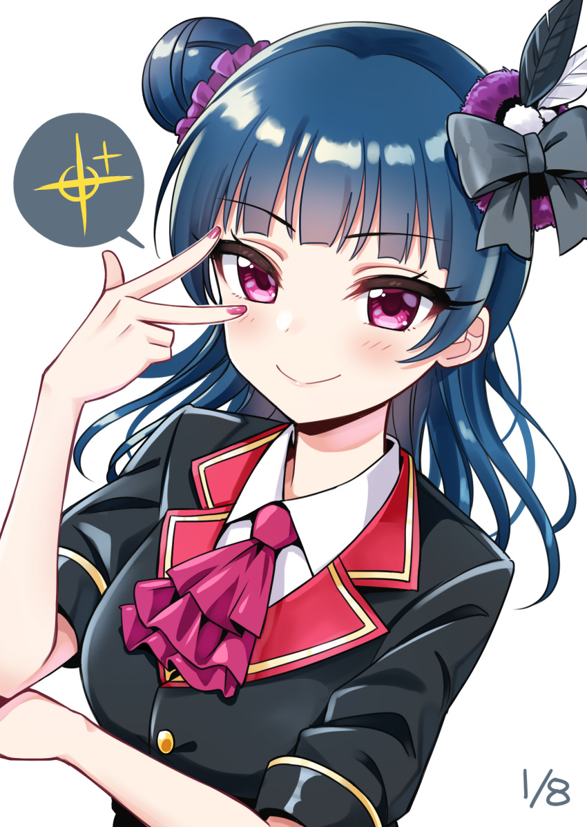 1girl ascot bangs black_bow black_feathers black_shirt blue_hair bow collared_shirt dated deadnooodles feathers hair_bow hair_feathers hair_ornament hair_scrunchie hand_on_own_elbow highres long_hair looking_at_viewer love_live! love_live!_sunshine!! nail_polish pink_nails pink_neckwear purple_scrunchie scrunchie shirt short_sleeves side_bun solo spoken_sparkle tsushima_yoshiko upper_body v_over_eye violet_eyes white_feathers