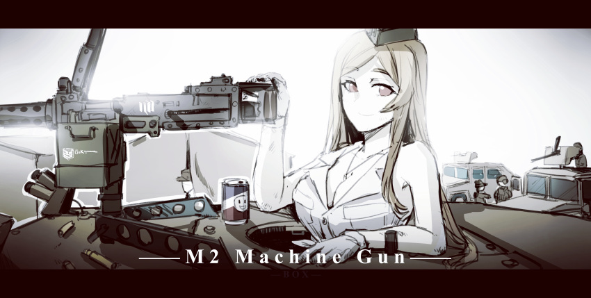 1girl absurdres belt_feed blonde_hair breasts browning_m2 bullet can car character_name cleavage dress_shirt girls_frontline gloves ground_vehicle gun hat highres humvee large_breasts looking_at_viewer m2hb_(girls_frontline) machine_gun motor_vehicle red_eyes shell_casing shirt sketch smile soda_can tent weapon xiangzi_box