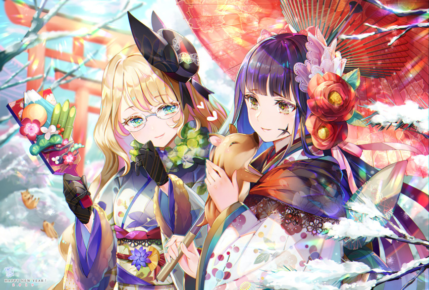 2019 2girls animal bamboo bare_tree black_gloves black_hat blonde_hair blue_eyes blue_hair blue_kimono blurry boar brown_eyes carrying chinese_zodiac closed_mouth commentary_request day depth_of_field floral_print flower furisode glasses gloves hagoita hair_flower hair_ornament happy_new_year hat head_tilt heart highres japanese_clothes kimono long_hair long_sleeves mountain multicolored_hair multiple_girls nemusuke new_year obi oriental_umbrella original outdoors paddle print_kimono purple_hair red_flower sash sidelocks smile snow streaked_hair sunlight tilted_headwear torii tree tree_branch umbrella upper_body very_long_hair wavy_hair white_kimono wide_sleeves winter year_of_the_pig