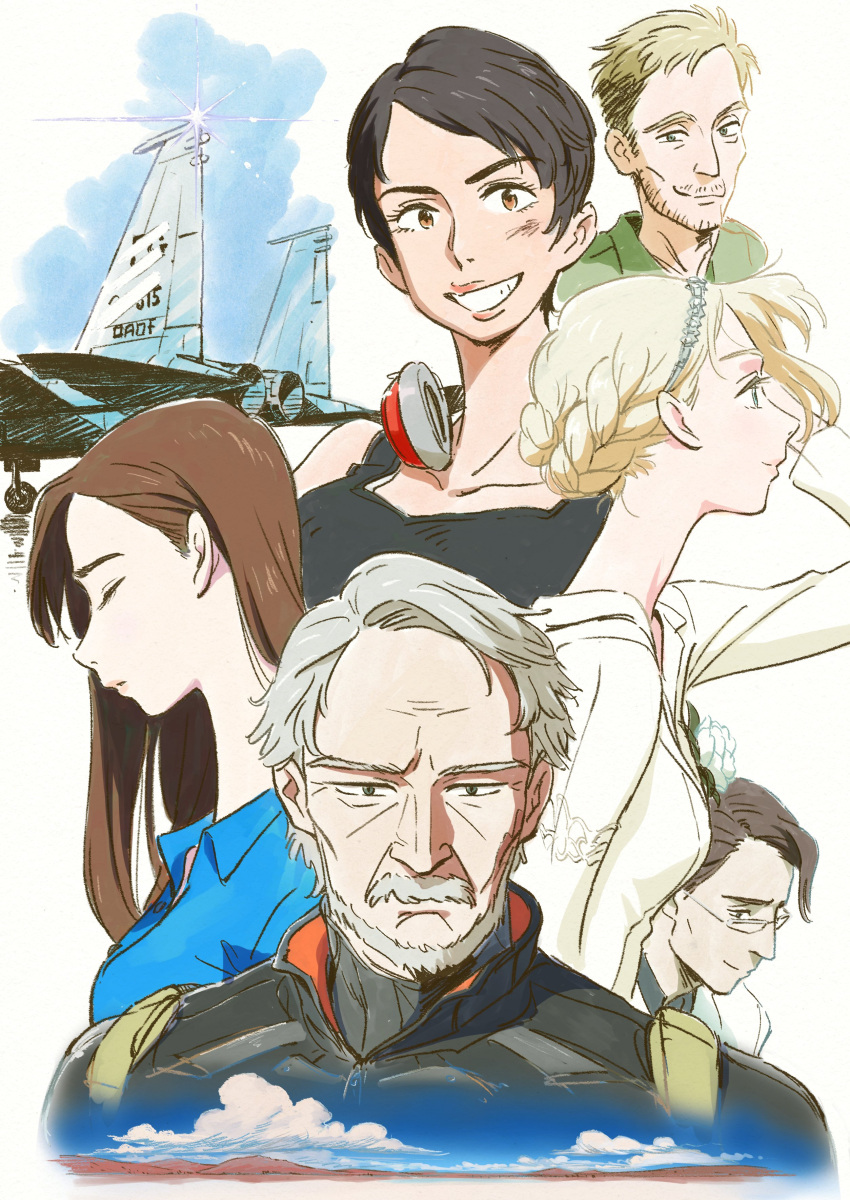 3boys 3girls absurdres ace_combat ace_combat_7 aircraft airplane alma_(ace_combat_7) artist_request avril_mead beard blonde_hair blue_eyes blue_sky brown_eyes brown_hair closed clouds collarbone eyes f-15_eagle facial_hair fighter_jet glasses hair_ornament headphones highres jet long_hair looking_at_viewer mihaly_a_shilage military military_vehicle mountain multiple_boys multiple_girls mustache old_man pilot_suit profile rosa_cossette_d'elise schroeder_(ace_combat_7) short_hair silver_hair sky smile tabloid_(ace_combat_7) tank_top