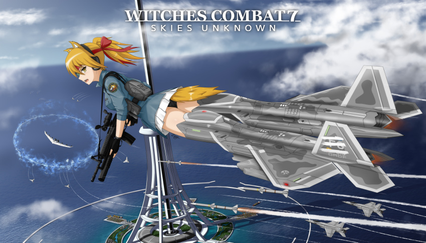 absurdres ace_combat_7 animal_ears arsenal_bird blonde_hair blue_eyes clouds condensation_trail f-18_hornet f-22_raptor fingerless_gloves fox_ears gloves graphite_(medium) highres mechanical_pencil missile ocean pencil space_elevator strike_witches striker_unit traditional_media uav weapon_request world_witches_series zero_(73ro)