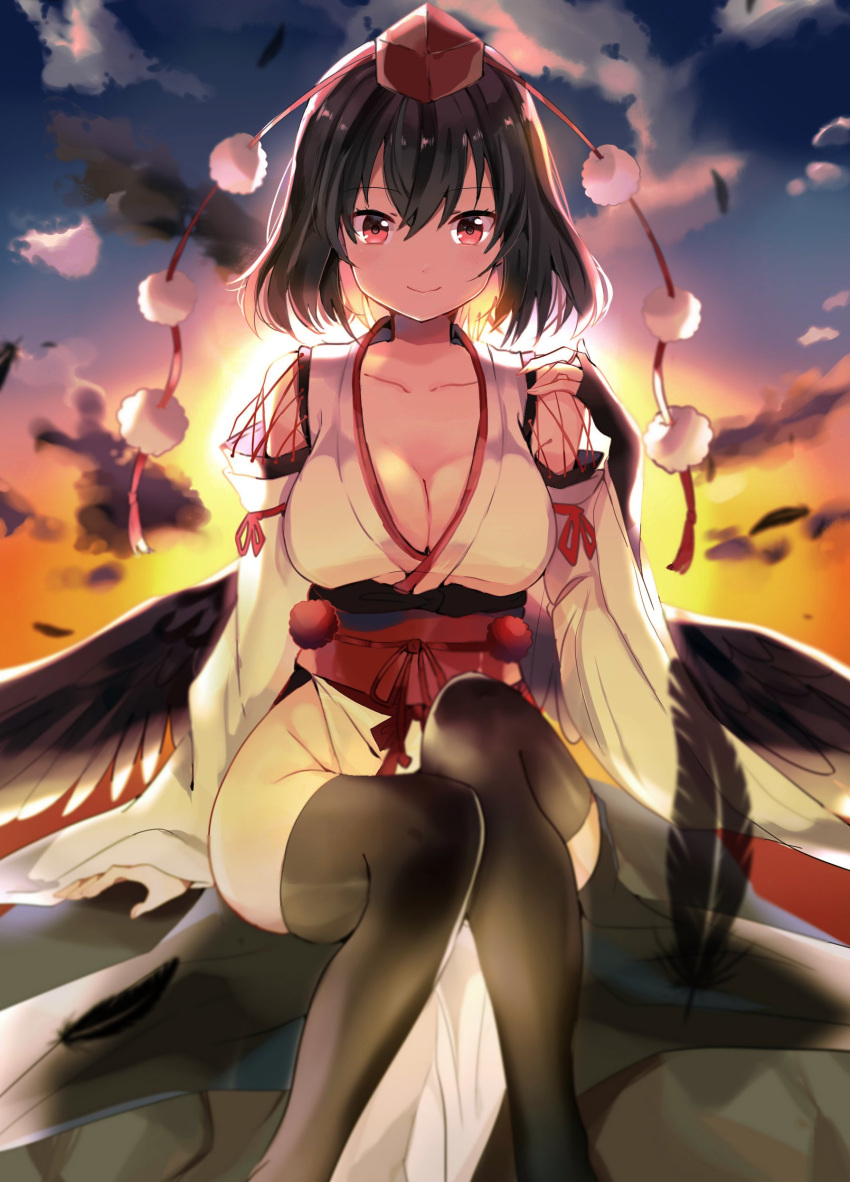 1girl absurdres alternate_costume arm_ribbon arm_support bangs bare_shoulders black_gloves black_hair black_legwear black_wings blush breasts cleavage clouds collarbone commentary_request eyebrows_visible_through_hair feathered_wings feathers fingerless_gloves gloves groin hair_between_eyes hand_up hat highres kourindou_tengu_costume large_breasts long_sleeves looking_at_viewer outdoors pelvic_curtain pom_pom_(clothes) potesara red_eyes red_ribbon red_sash ribbon rock sash shameimaru_aya short_hair sitting smile solo sun sunset tassel thigh-highs thighs tokin_hat touhou wide_sleeves wings