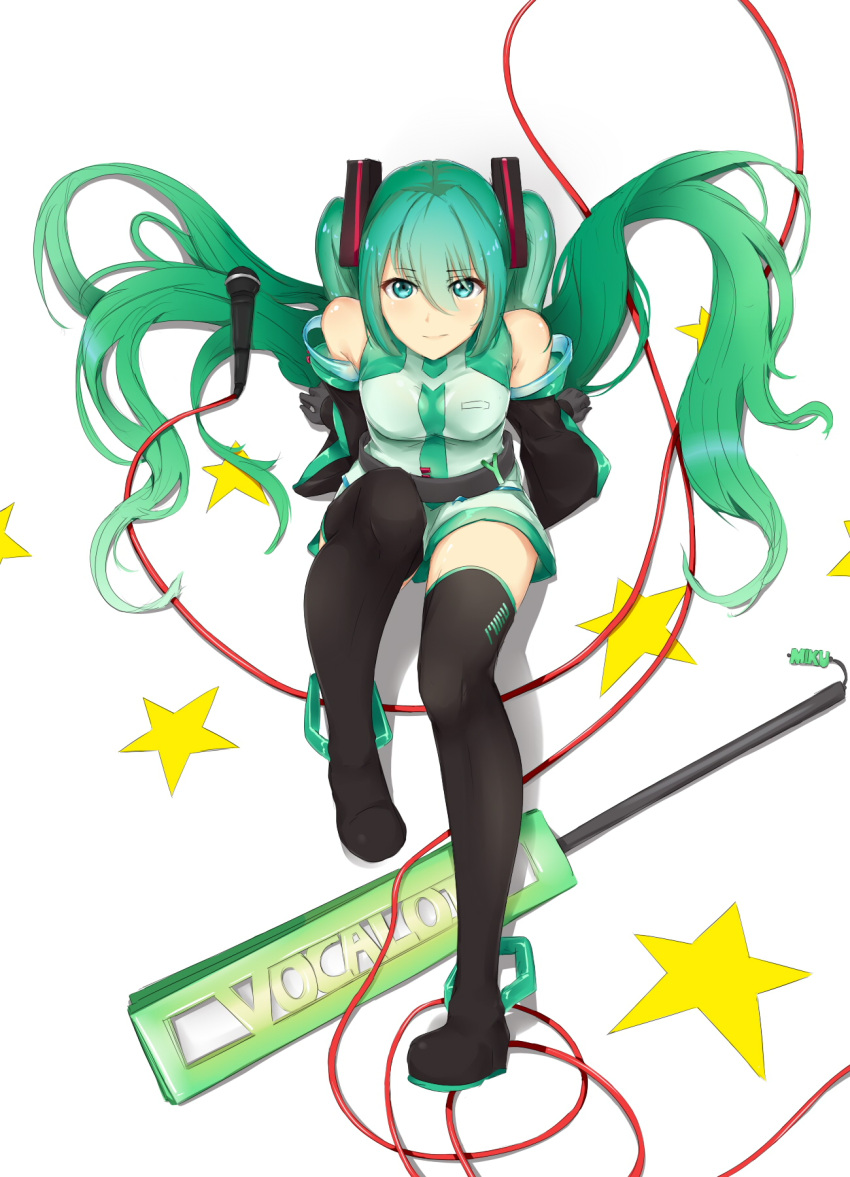 1girl aqua_eyes black_footwear black_sleeves boots copyright_name detached_sleeves from_above full_body green_hair hair_between_eyes hatsune_miku highres jumpsuit long_hair long_sleeves looking_at_viewer looking_up saruno_(eyesonly712) sitting smile solo thigh-highs thigh_boots twintails very_long_hair vocaloid zettai_ryouiki