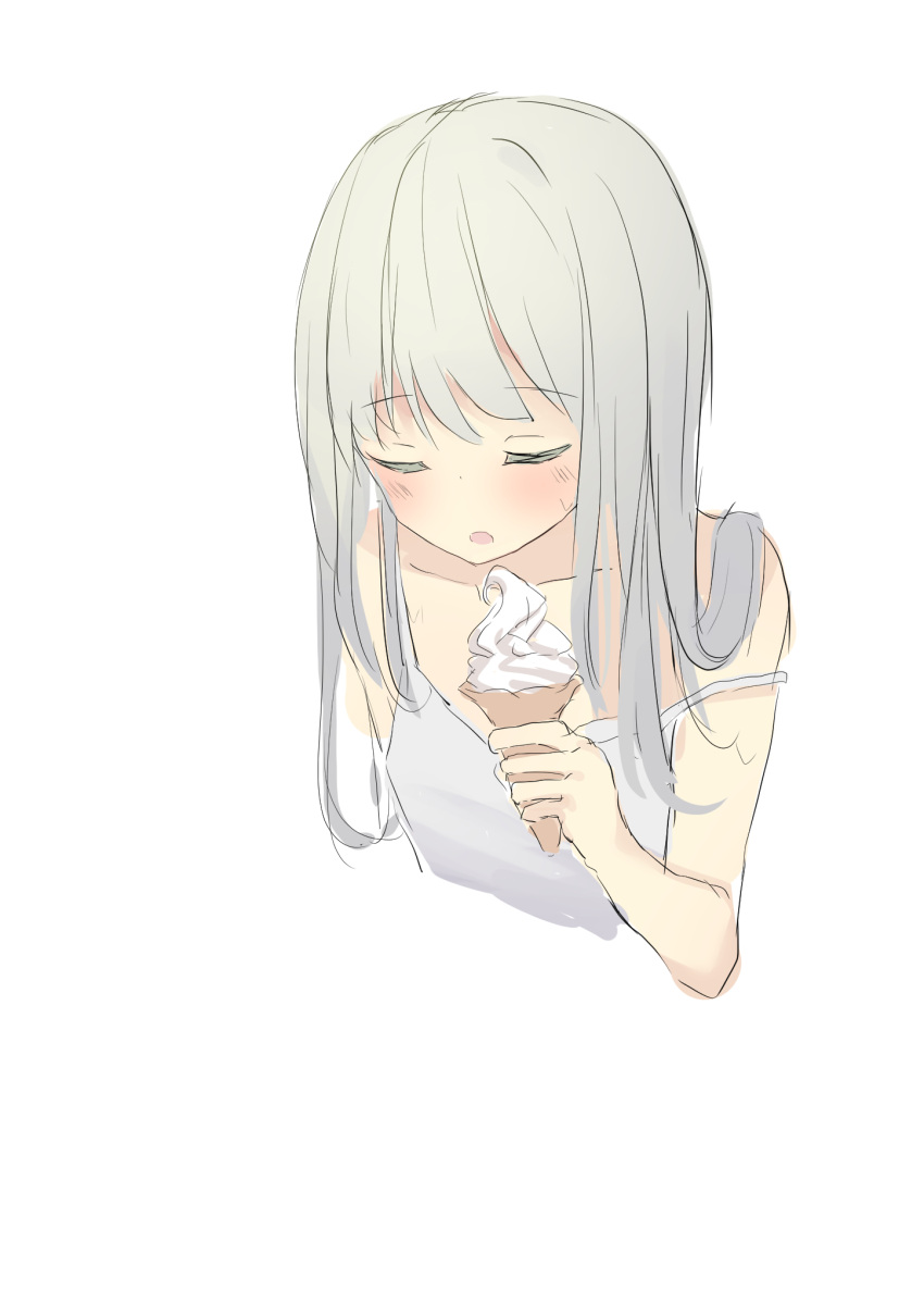 1girl :o bad_id bad_pixiv_id bare_arms bare_shoulders blush closed_eyes cropped_torso dress facing_viewer food green_hair highres holding holding_food ice_cream ice_cream_cone long_hair original parted_lips simple_background sketch sleeveless sleeveless_dress soft_serve solo strap_slip tsuruse upper_body white_background white_dress